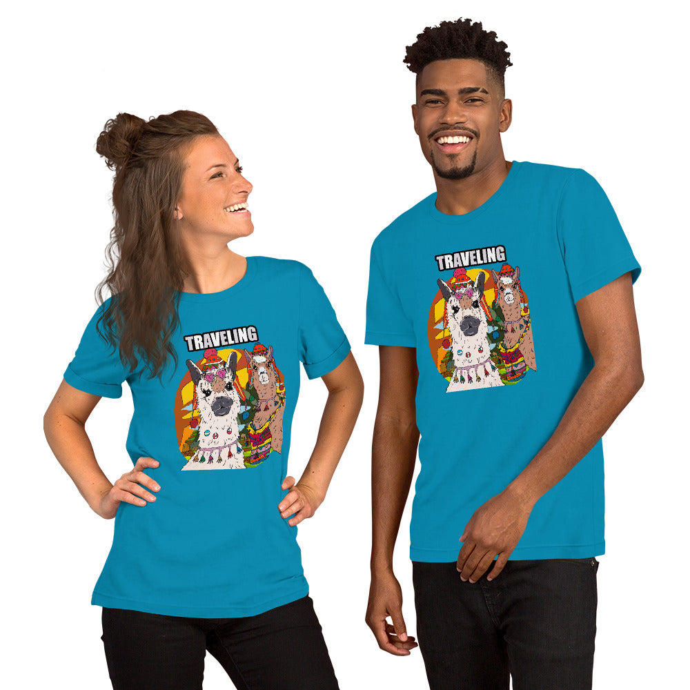 Short-Sleeve Unisex T-Shirt traveling llamas - ragnacold Aqua / S